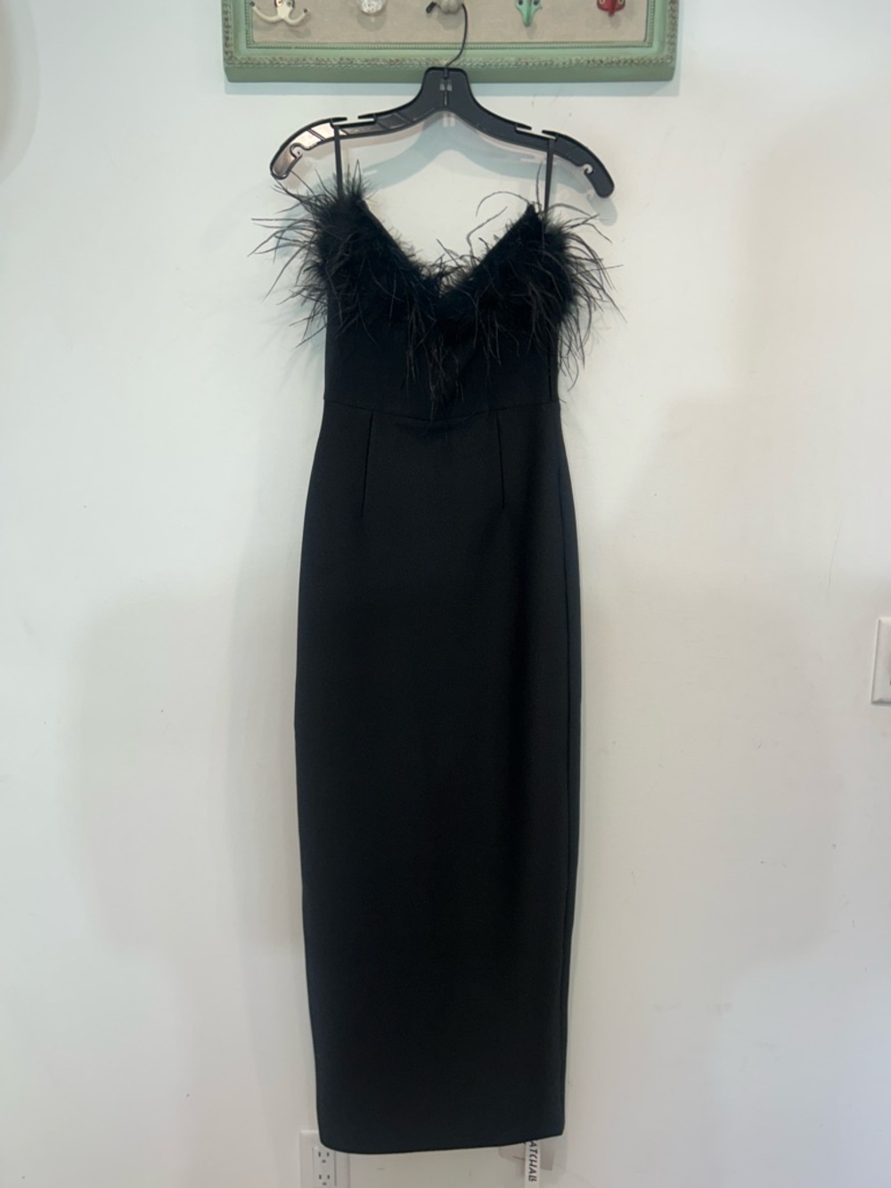 Catchall Feather-Trim Black Maxi strapless column wiggle Dress women’s medium